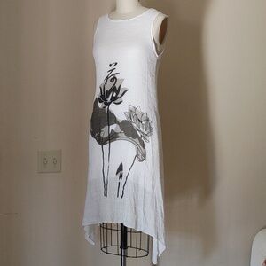 Korean Made White Summer Gauze Dress With Painted Flowers Size S
